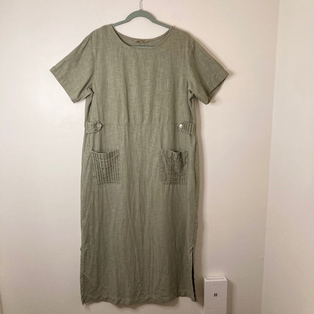 Vintage 90s Sweet Jessie Sage Green 100% Linen Lagenlook Pocket Midi Dress L